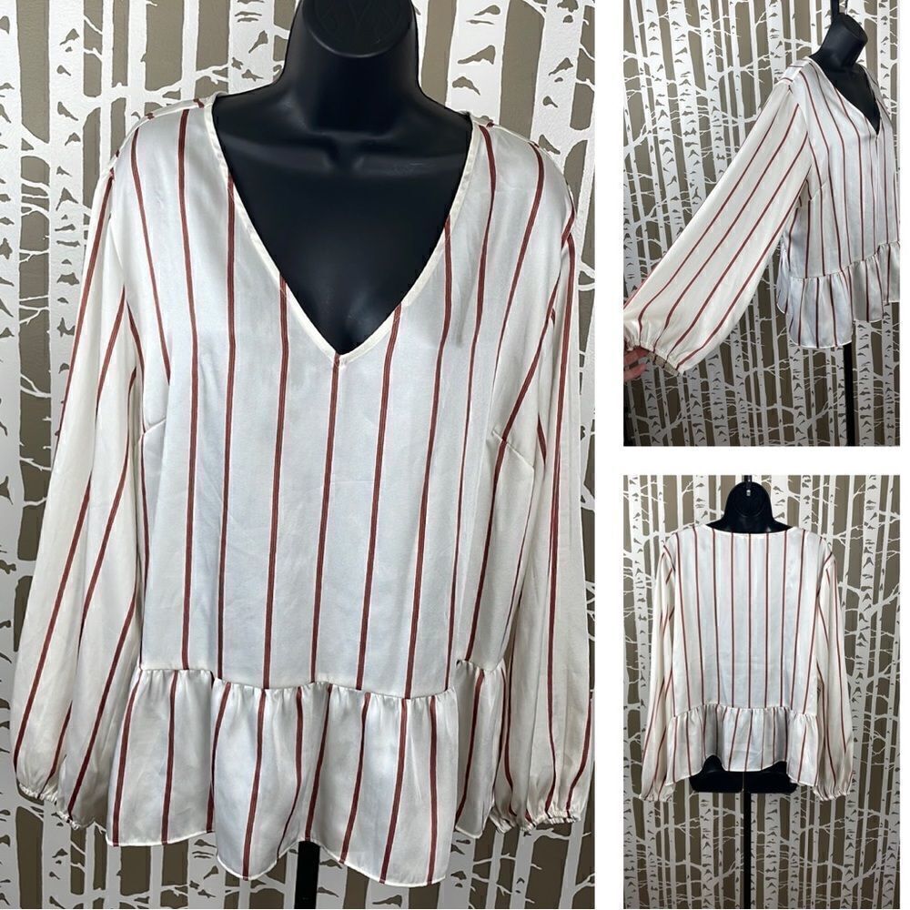 Terracotta Striped Balloon Sleeve Ruffle Hem V-Neck Blouse sz XXL